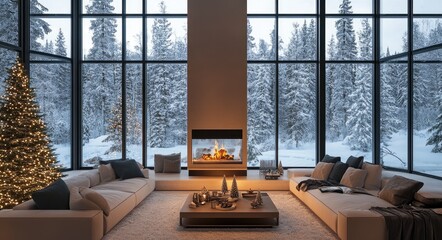 A modern living room with floor-to-ceiling windows, a large sofa, and a fireplace in the center, overlooking snowy mountains outside