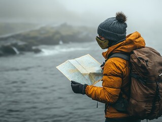 A traveler in a mask reading a map on a foggy pier, focus on paper crinkling in hand, realistic, blend mode with ocean waves crashing softly, journey in mist