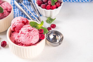 Homemade cranberry ice cream, creamy winter berry gelato with fresh cranberry and mint sprig in ceramic bowl