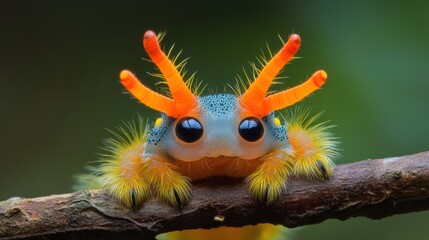 Obraz premium Spiny caterpillar with yellow and orange horns is crawling on a branch