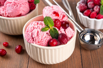 Homemade cranberry ice cream, creamy winter berry gelato with fresh cranberry and mint sprig in ceramic bowl