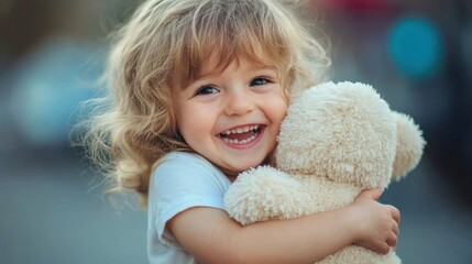 Excited child hugging fluffy toy, joyful expression, capturing pure innocence and happiness in a bright setting.