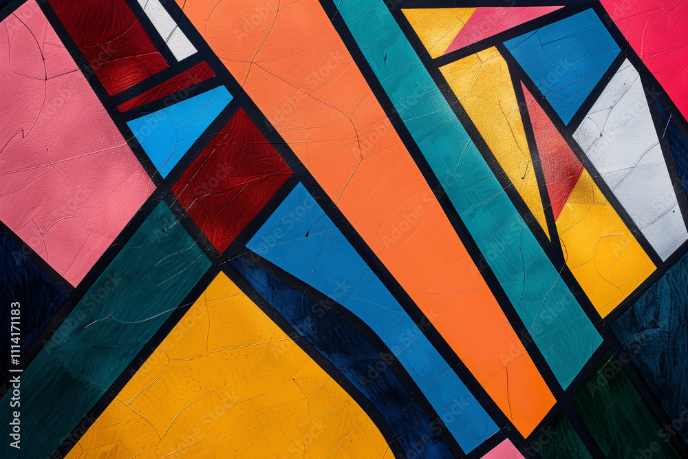 Poster overlapping geometric shapes, each filled with a different vivid color, creating a harmonious abstra