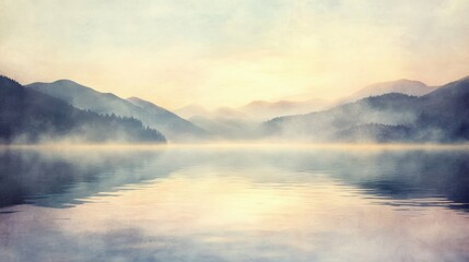 A soft watercolor depiction of a tranquil lake at dawn, surrounded by misty hills, with delicate reflections of the sunrise on the water. The atmosphere conveys peace and the beauty of a new day.