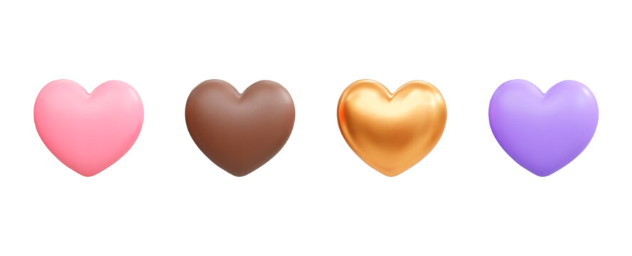 Set of 3d hearts in pink, brown, gold, and purple colors Vector icons