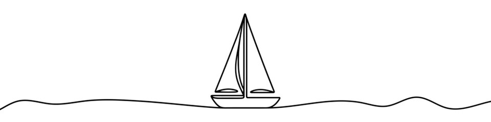 One continuous line illustration of a boat or yacht, isolated on white background. Line art of a boat or yacht