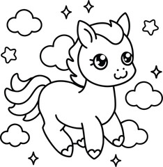 Kawaii unicorn surrounded by clouds vector illustration 