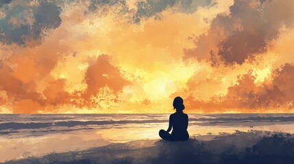 Obraz premium Silhouette of a woman meditating on a serene beach