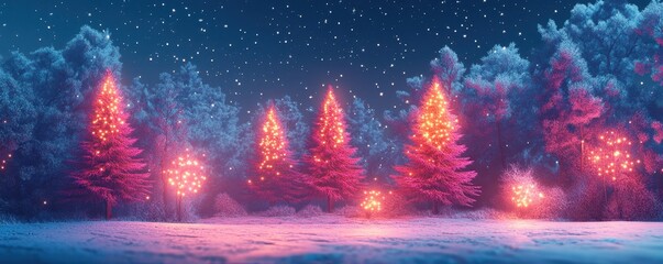 Illuminated christmas trees forest in on a snowy night close to christmas decorations in an artifical stage at twilight, Generative AI illustration