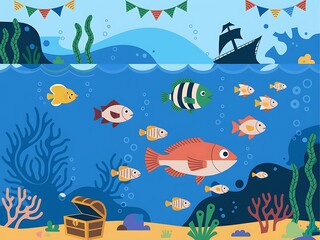 Underwater Scene with Colorful Fish and Treasure Chest