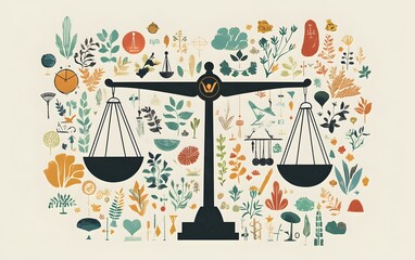 This artistic illustration features a balance scale surrounded by various plants, symbols of nature and harmony, representing the equilibrium between humanity and the environment.