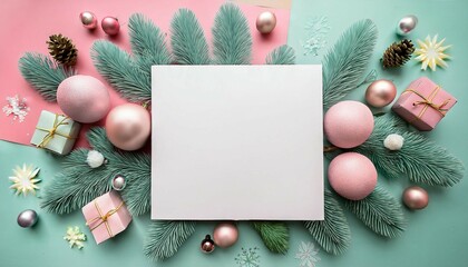 a square white christmas card mockup christmas themed muted tones of pastel pink and mint top view