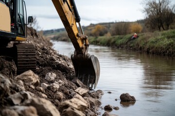 An excavator is removing soil near a river, showcasing heavy machinery at work and the interaction between construction and nature.