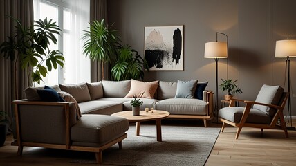 Wooden table in front of couch in spacious living room interior with plants and lamps. Real photo
