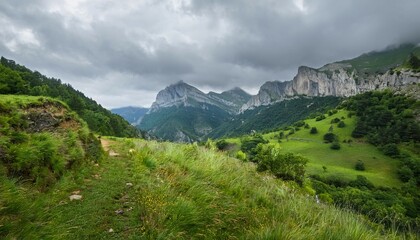 beautiful landscape with mountains on a rainy day in pirineos huesca spain