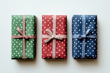 Three Christmas gifts wrapped in red, green, and blue polka dot paper, isolated on white background for holiday season.