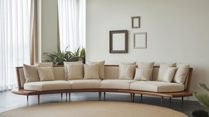 Fototapeta premium Modern Curved Sofa in Minimalist Living Room with Natural Light. Stylish curved sofa adorned with plush pillows in a bright, airy living room. Perfect for creating a cozy atmosphere.