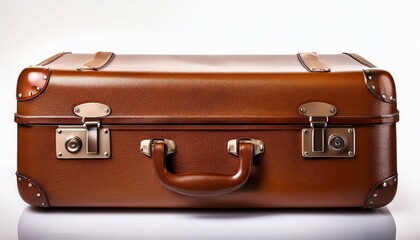 retro brown leather suitcase closeup vintage travel bag night photography isolated white background