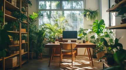 Obraz premium Sunlit home office workspace surrounded by lush indoor plants, wooden desk and chair.