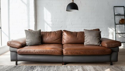 Naklejka premium leather sofa with two gray cushions in a bright loft