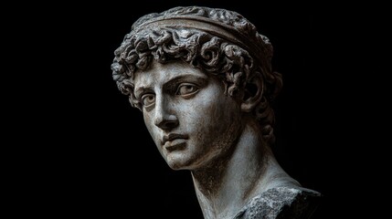 An ancient greek aesthetic sculpture of greek god statue art black background.
