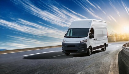 Obraz premium white modern cargo van speeding on motorway to city for express delivery service business logistics and distribution digital illustration