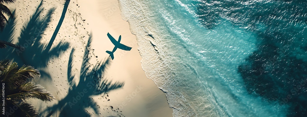 Poster aerial view of a tranquil beach with an airplane flying overhead, surrounded by palm trees and clear