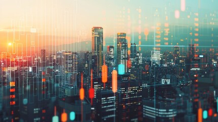 Night cityscape with superimposed stock market data