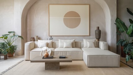 Modern Minimalist Living Room with Cozy Sofa and Art Decor. Explore this elegant minimalist living room featuring a neutral-toned sofa, stylish artwork, and lush greenery.
