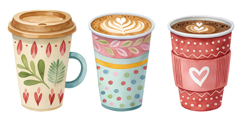 cute cup of coffee watercolor set painting drawing cut out isolated on white background