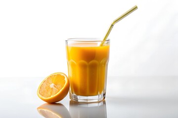 Fototapeta premium Glass of orange juice and orange on white background