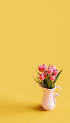 Pink tulips in pink vase on yellow background with copy space. Spring concept background. 3D Rendering, 3D Illustration