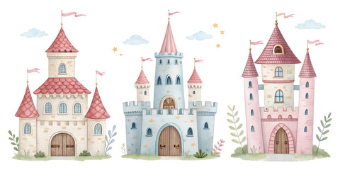 Fototapeta premium cute castle watercolor set painting drawing cut out isolated on white background
