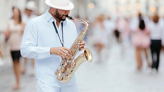 Caucasian male musician playing saxophone in urban street setting