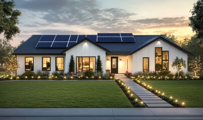 A sleek, modern home with solar panels on the roof and LED lights around it at dusk, showcasing energy efficiency