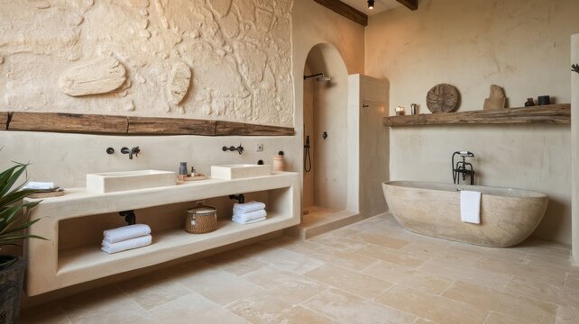 Modern Rustic Bathroom with Natural Elements. Experience tranquility in this modern rustic bathroom featuring stone textures, elegant fixtures, and a soothing palette.