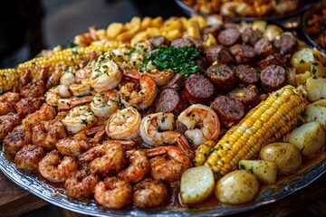 Guests enjoy a bountiful seafood and sausage platter together