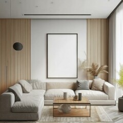 Chic living room mockup featuring a contemporary ISO A paper size frame, perfect for displaying vibrant artwork and enhancing interior decor.