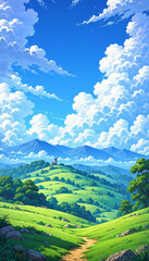 Obraz premium digital art of a scenic landscape with green hills and mountains