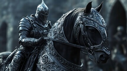 A black and silver armored warhorse in a medieval fantasy setting.