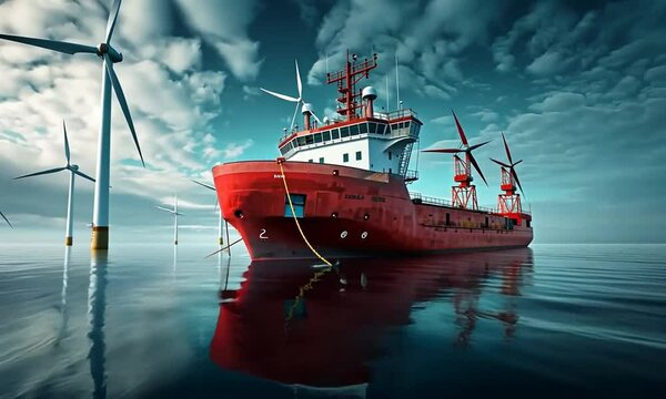 Offshore Wind Farm Service Vessel and Turbines at Sea a Stunning Image of Renewable Energy