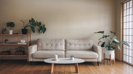 Obraz premium Cozy Minimalist Living Room with Plants and Natural Light. A serene living room featuring a comfy beige sofa, stylish coffee table, and a variety of indoor plants against a soothing wall.