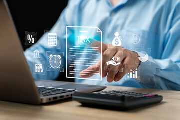 Tax and VAT Government, Tax data preparation concept, Businessman submit tax forms document online,...