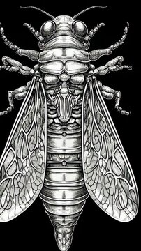Detailed illustration of a cicada showcasing intricate wing patterns and body structure on a black background