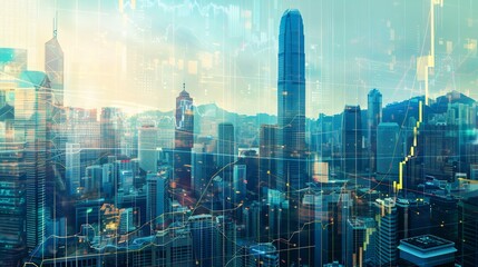 Hong Kong Skyline with Stock Market Overlay: Dynamic Urban Landscape and Financial Data Visualization