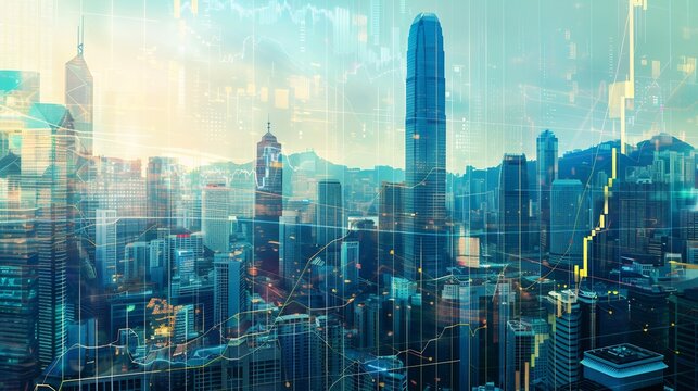 Hong Kong Skyline with Stock Market Overlay: Dynamic Urban Landscape and Financial Data Visualization