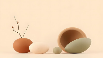  Minimalist organic forms in muted earth tones like terracotta, sage green, and beige 