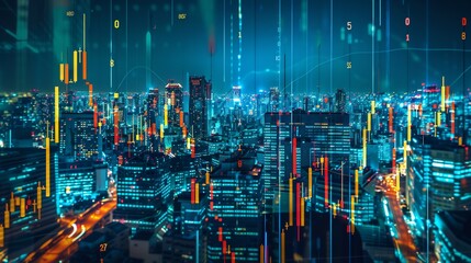 Fototapeta premium Night Cityscape with Dynamic Stock Market Data Overlay