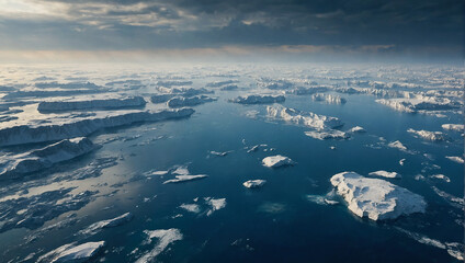 A vast icy landscape with scattered icebergs, representing the melting of polar ice caps.