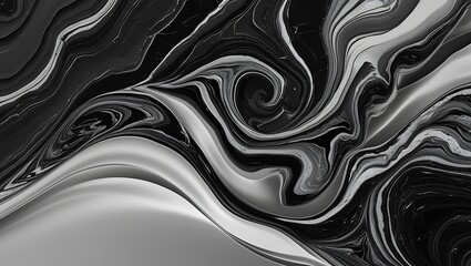 Abstract digital artwork with a swirling marbled pattern in black, white, and gray. Fluid, dynamic composition with intricate curves, high contrast, and textured depth.
